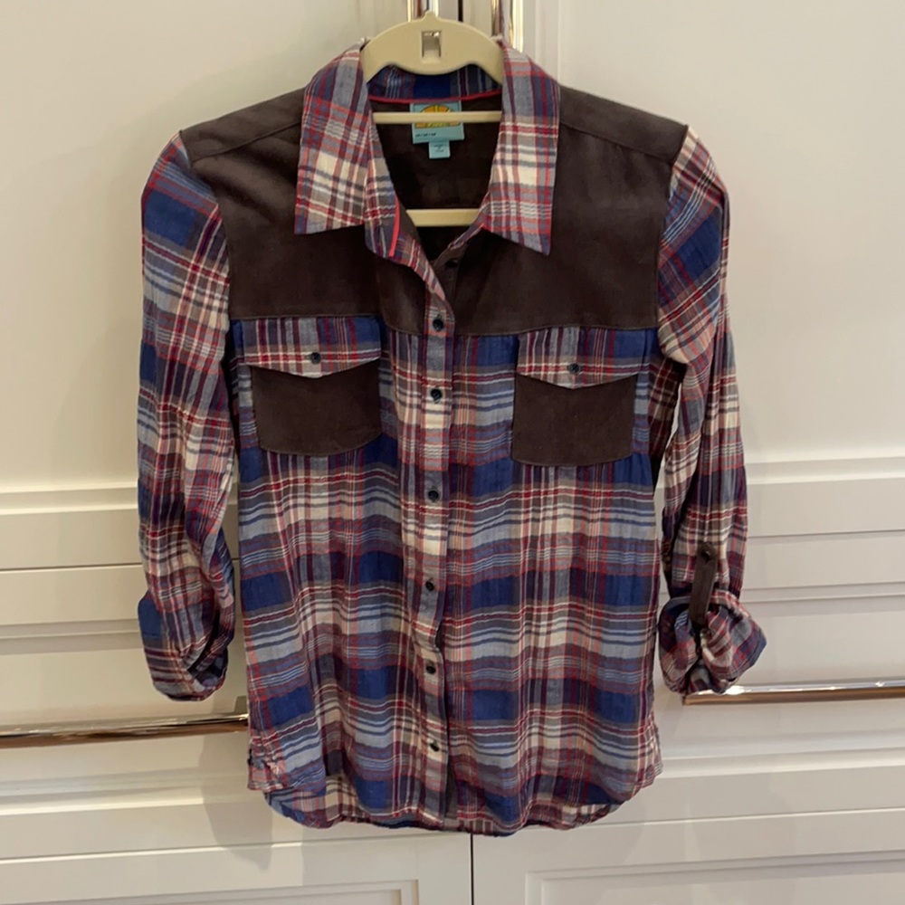 Plaid button down with faux suede detail and roll up sleeves!